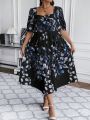 SHEIN Frenchy Plus Floral Print Sweetheart Neck Puff Sleeve Dress