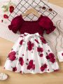 SHEIN Young Girl Red & White Floral Printed Sweet Vacation Dress With Square Neckline And Ruffle Sleeve For Summer