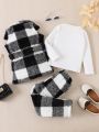 Toddler Girls Solid Tee & Buffalo Plaid Print Belted Teddy Vest Coat & Pants