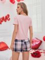 Women's Solid Color Top & Plaid Shorts Pajamas Set