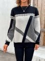 Color Block Round Neck Drop Shoulder Sweater Pullover