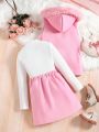 SHEIN Kids FANZEY Tween Girl Solid Tee & Fuzzy Trim Hooded Vest Coat & Skirt