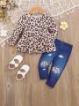 SHEIN Baby Girl Leopard Print Peplum Top & Denim Effect Pants