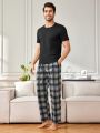 Men'S Solid Color T-Shirt And Plaid Pants Homewear Set