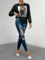 Women's Character Print Sweatshirt And Leopard Print Leggings Set