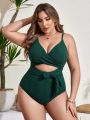 SHEIN Swim Basics Plus Size Solid Color Hollow Out One-Piece Swimsuit