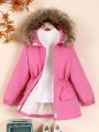 SHEIN Kids EVRYDAY Tween Girl 1pc Fuzzy Trim Hooded Thermal Lined Drawstring Waist Coat