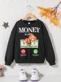 SHEIN Kids Cooltwn Tween Girl Bear & Letter Graphic Drop Shoulder Sweatshirt