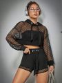 SHEIN Coolane Women's Fishnet Cropped Hoodie And Cycling Shorts 2 Piece Outfit