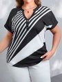 Plus Size Women'S Striped & Floral Patchwork T-Shirt