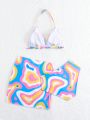 Tween Girl 3pcs Full-Printed Beachwear Bikini Swimsuit Set / Mommy And Me Matching Outfits (2 Sets Sold Separately)