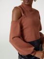 NILLARY Women'S Solid Color Hollow Out Shoulder & Stand Collar Cropped Sweater