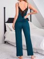 Women's Lace Splicing Solid Color Cami Top And Pants Pajama Set