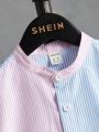 SHEIN Boy Teenagers Casual All-Match Color Block Striped Mock Neck Short-Sleeved Shirt