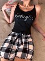 Letter Print Lettuce Edge Cami Top And Plaid Shorts With Bowknot Sleepwear Set