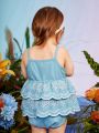 Fashionable And Casual Baby Girl's Artistic Design Embroidery Cami Bodysuit And Shorts Set