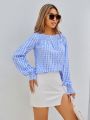 SHEIN Privé Long Sleeve Gingham Checked Blouse