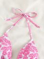 SHEIN Swim Mod Floral Print Smocked Halter Triangle Bikini Top