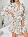 Women's Floral Printed Robe With Ruffles And Trims