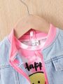 3pcs/set Spring Summer Baby Girls' Denim Vest, Pink Smiling Face Printed T-shirt, Light Washed Shorts Outfit Set