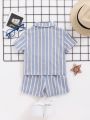 SHEIN Baby Boy Blue & White Striped Button-Front Shirt And Casual Shorts 2pcs Set