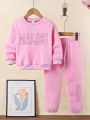 SHEIN Kids SUNSHNE Young Girl Letter Embroidery Thermal Sweatshirt & Sweatpants