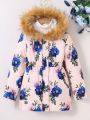 SHEIN Kids EVRYDAY Tween Girl Floral Print Fuzzy Trim Hooded Thermal Lined Winter Coat