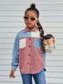 SHEIN Kids Cooltwn Tween Girl Color Block Patched Pocket Drop Shoulder Shirt