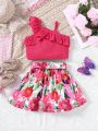 SHEIN Kids CHARMNG Little Girl's Romantic Ladylike Irregular Shoulder Ruffled Top With Floral Print Belt And Skirt Two-Piece Set Spring And Summer Style