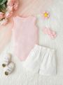 SHEIN Baby Girl Notched Neck Tank Bodysuit & Bow Front Shorts & Headband