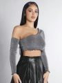 SHEIN PETITE Women'S Asymmetric Neck Sparkly Cropped Top