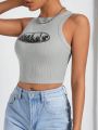 SHEIN Coolane Gray Printed Knit Cropped Tank Top