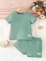 SHEIN Kids EVRYDAY Young Girl Solid Color Seal Details Two-Piece Set