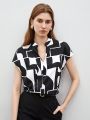 SHEIN BIZwear Women'S Full-Print Notch Neck Batwing Sleeve Blouse