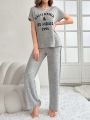 Letter Pattern Knitted Short Sleeve Top And Long Pants Women's Homewear Set