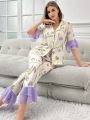 Women's Fashionable Purple Flower Print Shirt And Pants Pajama Set