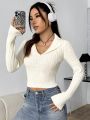 Women's Lapel Tight White Sweater