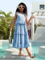 SHEIN Kids Cooltwn Tween Girls' Everyday Casual Solid Color Ruffle Hem Sleeveless Dress