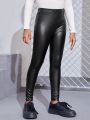 SHEIN Kids Cooltwn Girls Button Front Heart Ring Detail PU Leather Skinny Pants