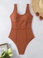 SHEIN Swim SPRTY Women's Solid Color One-piece Swimsuit With Contrast Stitching