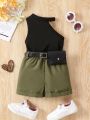 SHEIN Kids Cooltwn Toddler Girls' Solid Color Halter Top And Shorts Summer Outfit