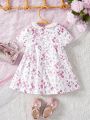 Pleated Collar Adorable Elegant Flower Print Dress With Bowknot Decoration For Baby Girls