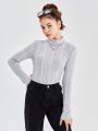 SHEIN Teen Girls' Knit Fleece Pitted Striped High Neck Long Sleeve T-shirt 2pcs/set