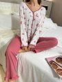 Women's Floral Print Pajama Set With Contrast Trim