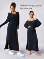 GLOWMODE Ribbed Silky Modal Off-Duty Boatneck Side Slit Dress