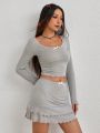 SHEIN Qutie Bow Decorated Contrast Lettuce Edge Long Sleeve T-Shirt And Skirt Set