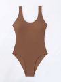 SHEIN Swim Basics Ladies' Solid Color One-Piece Swimsuit With Large Open Back Design