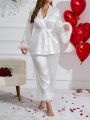 Plus Size Fuzzy Cuff Belted Robe And Pajama Pants Set