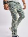 Teenage Boys' New Distressed Vintage Jeans With Patchwork And Frayed Hem, Casual And Stylish