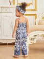 Baby Girls' Plant Patterned Belted Jumpsuit With Suspender Straps